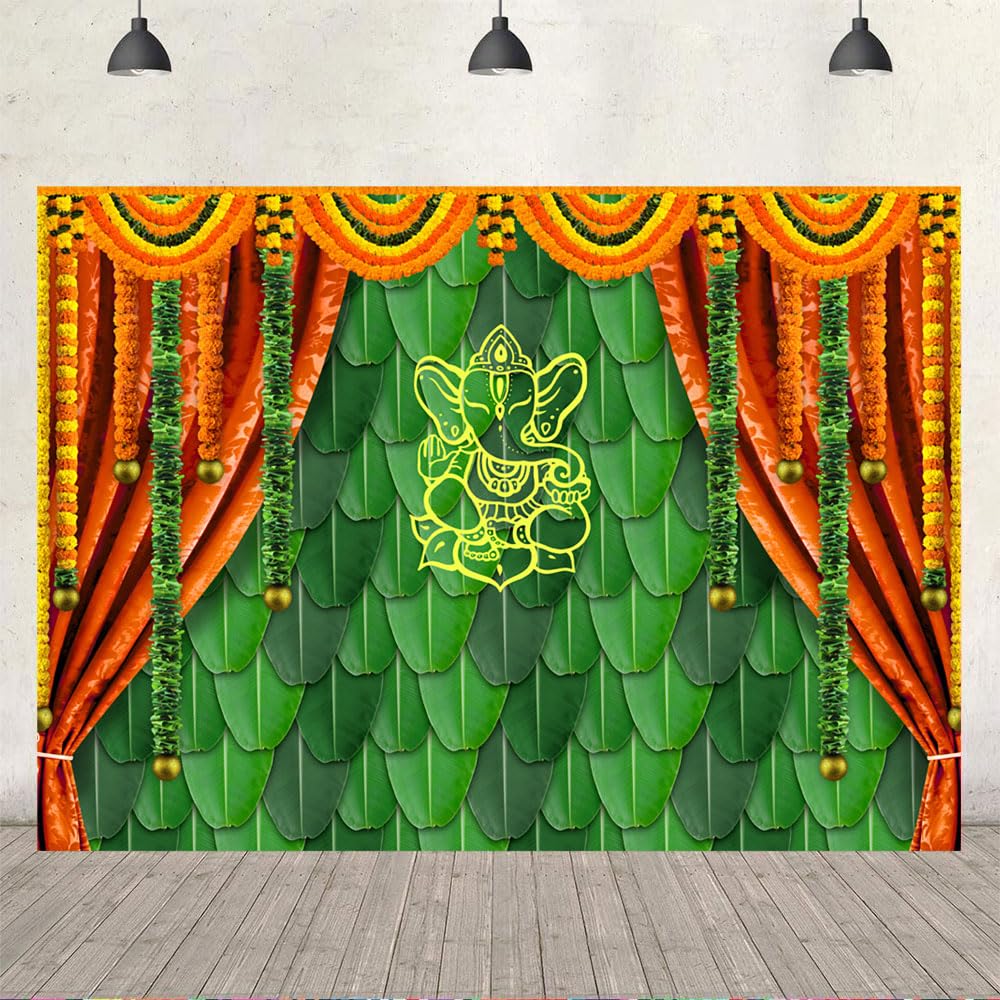 Ticuenicoa 10x7ft India Pooja Traditional Photography Backdrop Banana Leaf Green Chatiya Ganesh Background Puja Ganpati Pooja Mehndi backdrops Decorations Wedding Party Marigold Garlands Photo Props