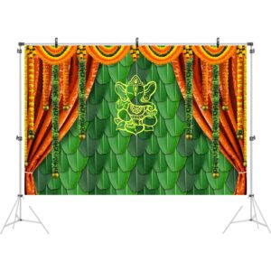 Ticuenicoa 10x7ft India Pooja Traditional Photography Backdrop Banana Leaf Green Chatiya Ganesh Background Puja Ganpati Pooja Mehndi backdrops Decorations Wedding Party Marigold Garlands Photo Props