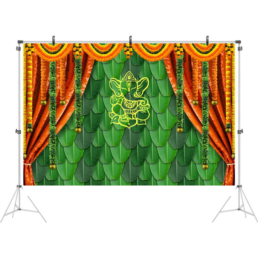 Ticuenicoa 10x7ft India Pooja Traditional Photography Backdrop Banana Leaf Green Chatiya Ganesh Background Puja Ganpati Pooja Mehndi backdrops Decorations Wedding Party Marigold Garlands Photo Props