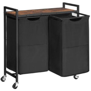 hoobro laundry hamper, laundry sorter 2 section, 2 × 13 gal (49.5l), laundry basket with wheels, rolling cart, pull-out and removable oxford fabric laundry bags, rustic brown and black bf72xy01