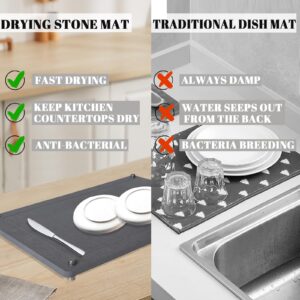 Stone Drying Mat for Kitchen Counter, 15.7x11.8 inch Super Absorbent Non-Slip Diatomite Dish Drying Mat, Heat-Resistant Diatomaceous Earth Drying Stone Dish Drying Mat, Kitchen Draining Mat(Grey)