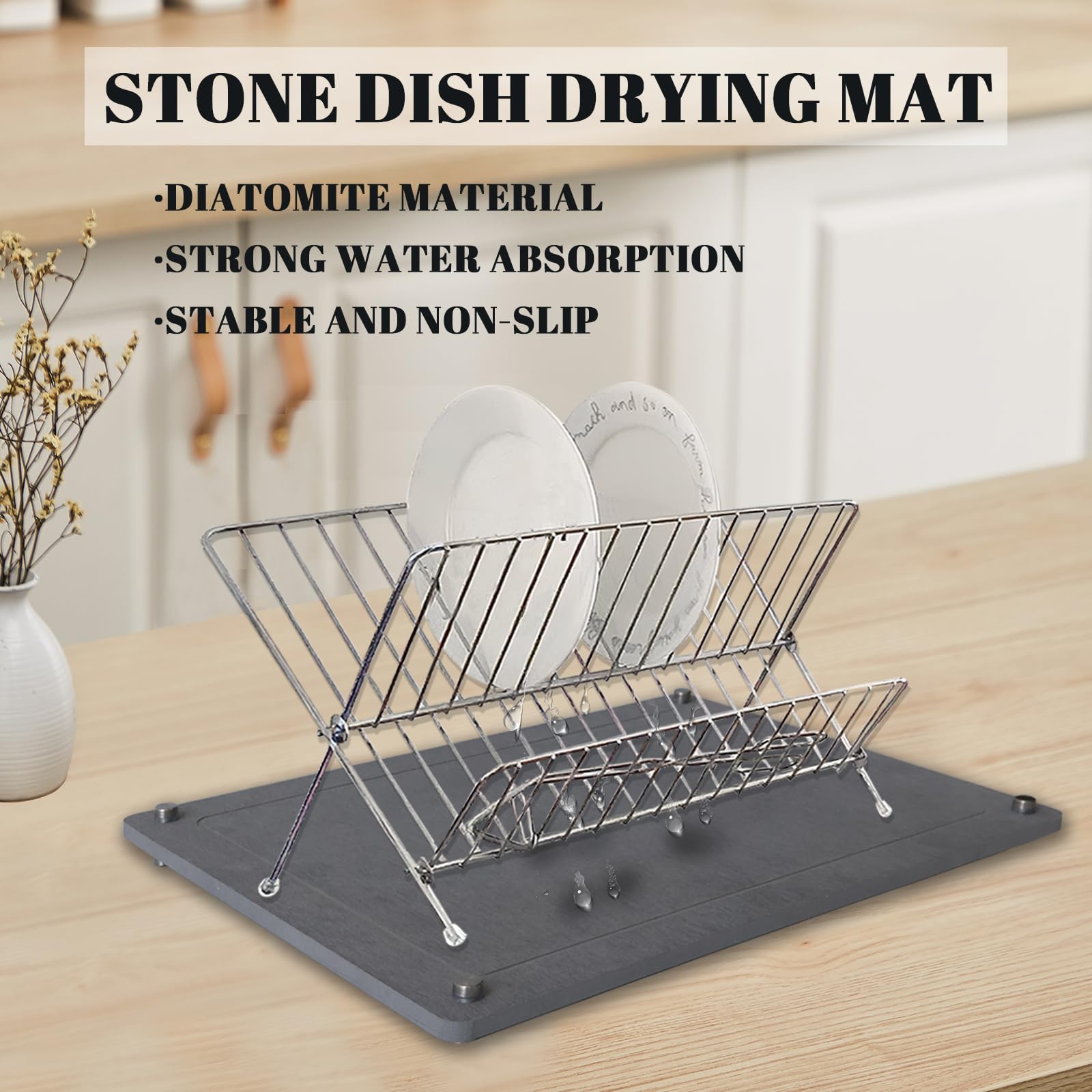 Stone Drying Mat for Kitchen Counter, 15.7x11.8 inch Super Absorbent Non-Slip Diatomite Dish Drying Mat, Heat-Resistant Diatomaceous Earth Drying Stone Dish Drying Mat, Kitchen Draining Mat(Grey)