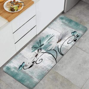 mifsoiavv kitchen mat,rustic farmhouse farm teal daisy floral flowers and butterfly on country wooden turquoise blue,kitchen floor mat anti fatigue standing area rug non slip carpet 47.2''l x 17.7''w