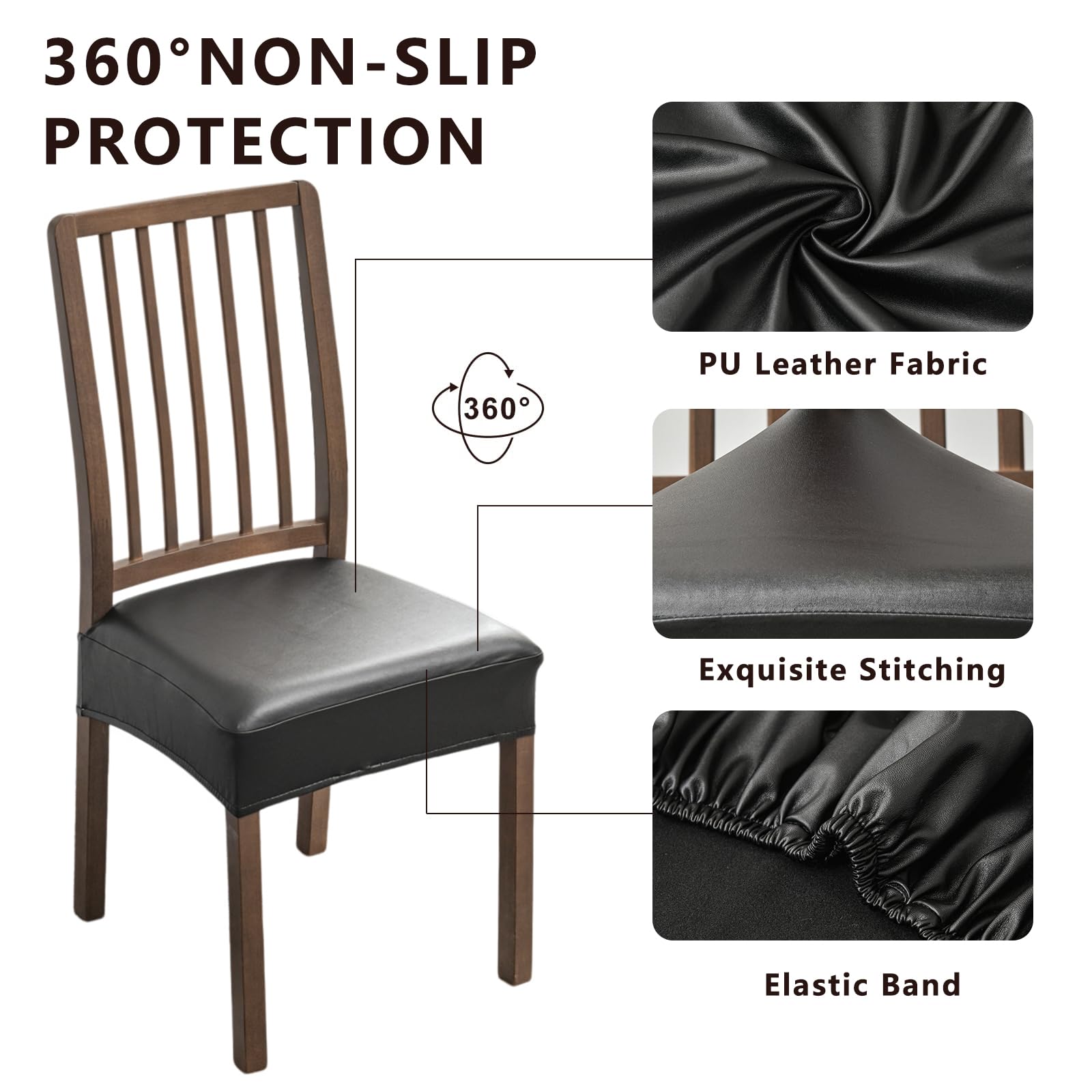 NILUOH Waterproof Seat Covers for Dining Room Chairs Set of 2, Pu Leather Chair Seat Slipcovers Dining Chair Cover Removable Washable Chair Protctor Cover, Rear Covers (PU-Black)