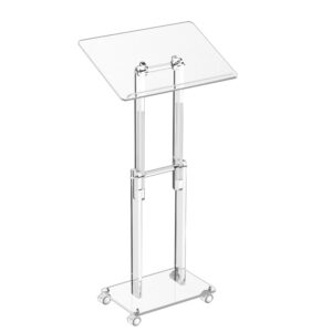 HMYHUM Acrylic Podium Stand with Lockable Wheels, Angle & Height Adjustable, Clear Rolling Podium, Mobile Lecterns & Pulpits for Classroom, Concert, Church, Speech, Multi-Purpose, Modern