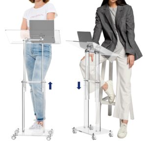 HMYHUM Acrylic Podium Stand with Lockable Wheels, Angle & Height Adjustable, Clear Rolling Podium, Mobile Lecterns & Pulpits for Classroom, Concert, Church, Speech, Multi-Purpose, Modern