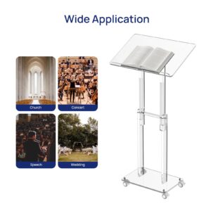 HMYHUM Acrylic Podium Stand with Lockable Wheels, Angle & Height Adjustable, Clear Rolling Podium, Mobile Lecterns & Pulpits for Classroom, Concert, Church, Speech, Multi-Purpose, Modern