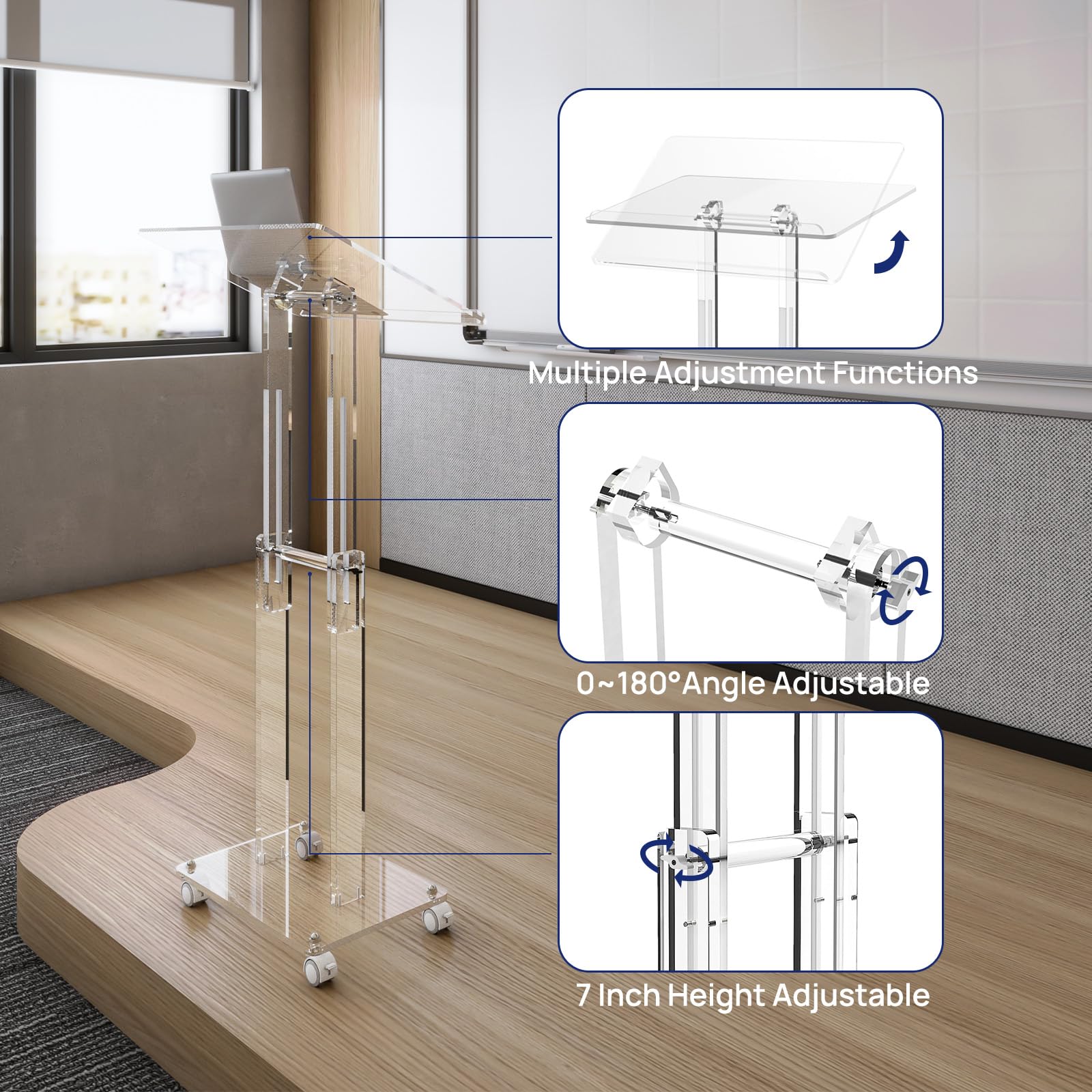 HMYHUM Acrylic Podium Stand with Lockable Wheels, Angle & Height Adjustable, Clear Rolling Podium, Mobile Lecterns & Pulpits for Classroom, Concert, Church, Speech, Multi-Purpose, Modern