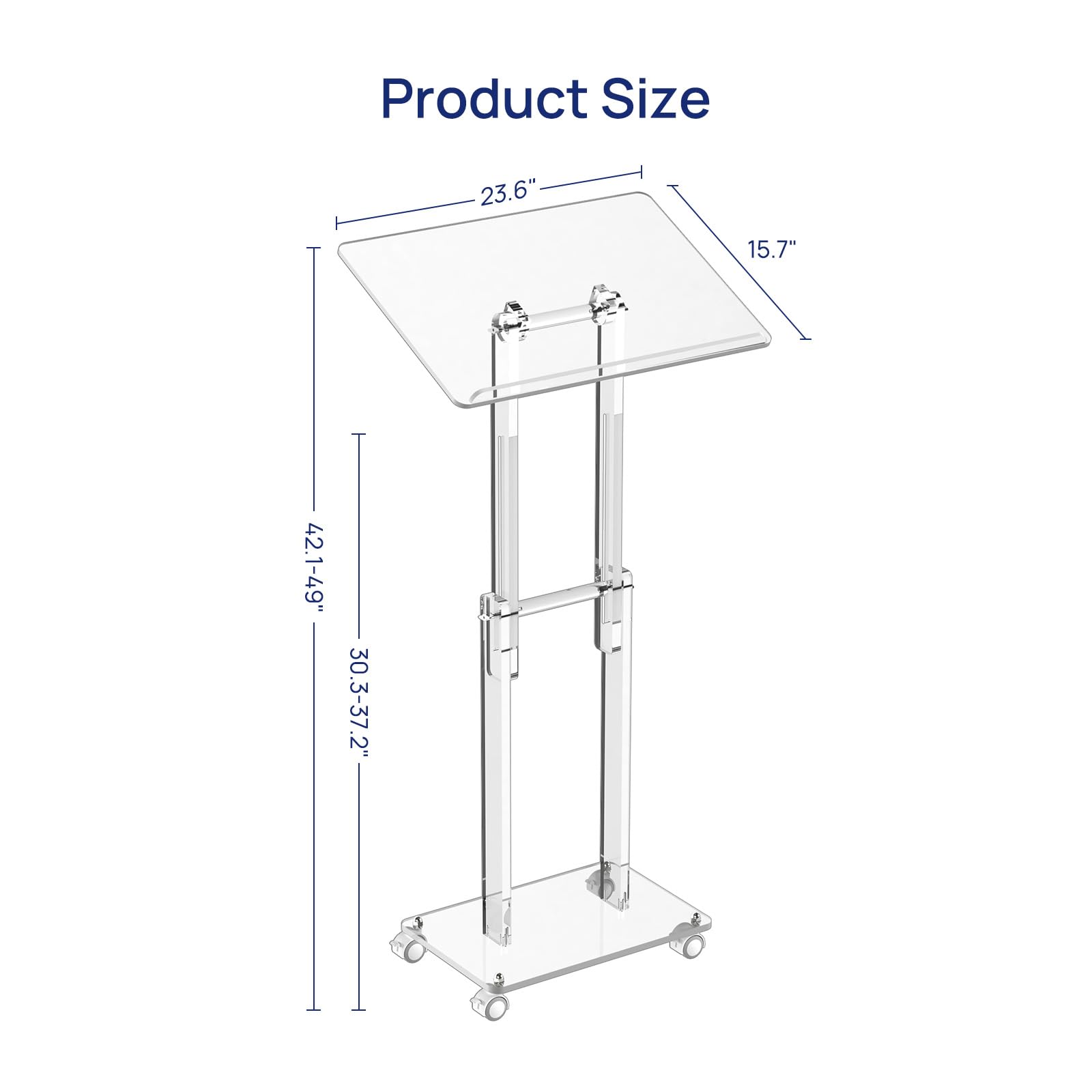 HMYHUM Acrylic Podium Stand with Lockable Wheels, Angle & Height Adjustable, Clear Rolling Podium, Mobile Lecterns & Pulpits for Classroom, Concert, Church, Speech, Multi-Purpose, Modern
