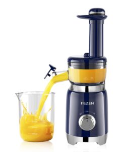 cold press juicer, fezen small masticating juicer for fruits and vegetables, powerful juice extractor machine with compact size and space-saving feature, very easy to clean (updated)