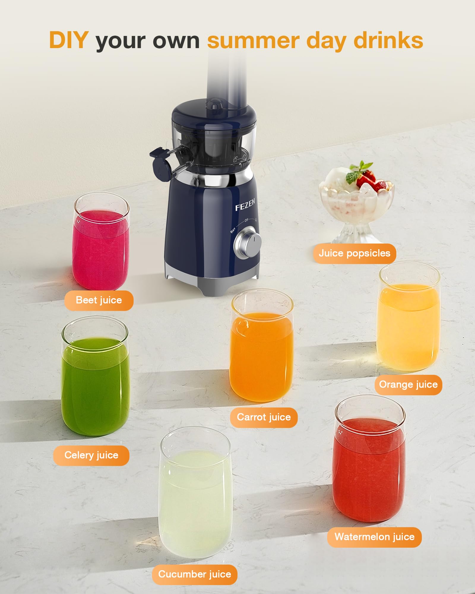 Cold Press Juicer, FEZEN Small Masticating Juicer for Fruits and Vegetables, Powerful Juice Extractor Machine with Compact Size and Space-Saving Feature, Very Easy to Clean (Updated)