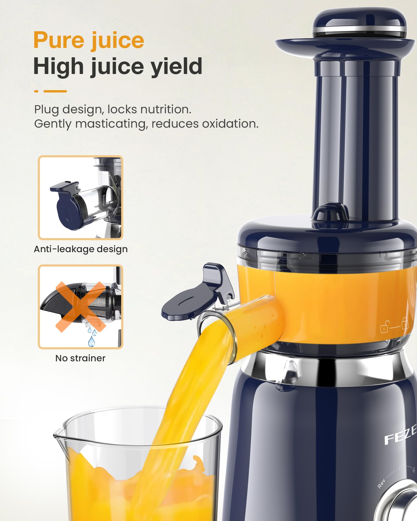 Cold Press Juicer, FEZEN Small Masticating Juicer for Fruits and Vegetables, Powerful Juice Extractor Machine with Compact Size and Space-Saving Feature, Very Easy to Clean (Updated)