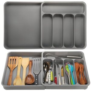 pumtus 2 pack expandable cutlery drawer organizer, adjustable kitchen utensil tray set, 6 compartment flatware storage divider, kitchen organization for utensils, cutlery, flatware storage