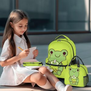 COOPASIA Frog Backpack with Lunch Box and Pencil Case, 16 Inch Frog Theme Bookbag with Adjustable Straps, Durable, Lightweight, Large Capacity, School Backpack for Girls Women