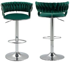 kakotito 360° velvet swivel bar stools with low back & footrest, adjustable counter barstools, silver bar stool (set of 2 - silver version, emerald)