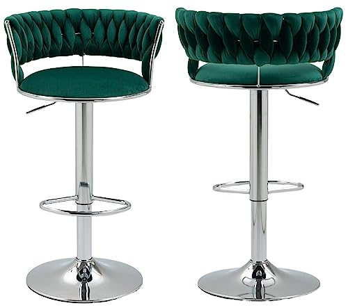 Kakotito 360° Velvet Swivel Bar Stools with Low Back & Footrest, Adjustable Counter Barstools, Silver Bar Stool (Set of 2 - Silver Version, Emerald)