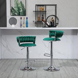 Kakotito 360° Velvet Swivel Bar Stools with Low Back & Footrest, Adjustable Counter Barstools, Silver Bar Stool (Set of 2 - Silver Version, Emerald)