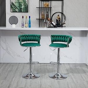 Kakotito 360° Velvet Swivel Bar Stools with Low Back & Footrest, Adjustable Counter Barstools, Silver Bar Stool (Set of 2 - Silver Version, Emerald)