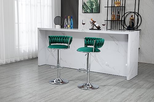Kakotito 360° Velvet Swivel Bar Stools with Low Back & Footrest, Adjustable Counter Barstools, Silver Bar Stool (Set of 2 - Silver Version, Emerald)