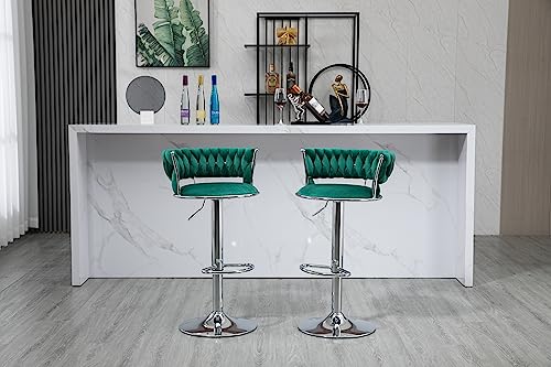 Kakotito 360° Velvet Swivel Bar Stools with Low Back & Footrest, Adjustable Counter Barstools, Silver Bar Stool (Set of 2 - Silver Version, Emerald)