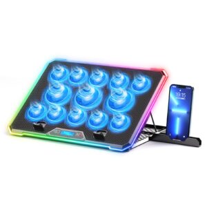 kyolly rgb laptop cooling pad gaming laptop cooler, laptop fan cooling stand with 13 quiet cooling fans for 15.6-17.3 inch laptops, 9 height stand, led lights & lcd screen, 2 usb ports, lap desk use