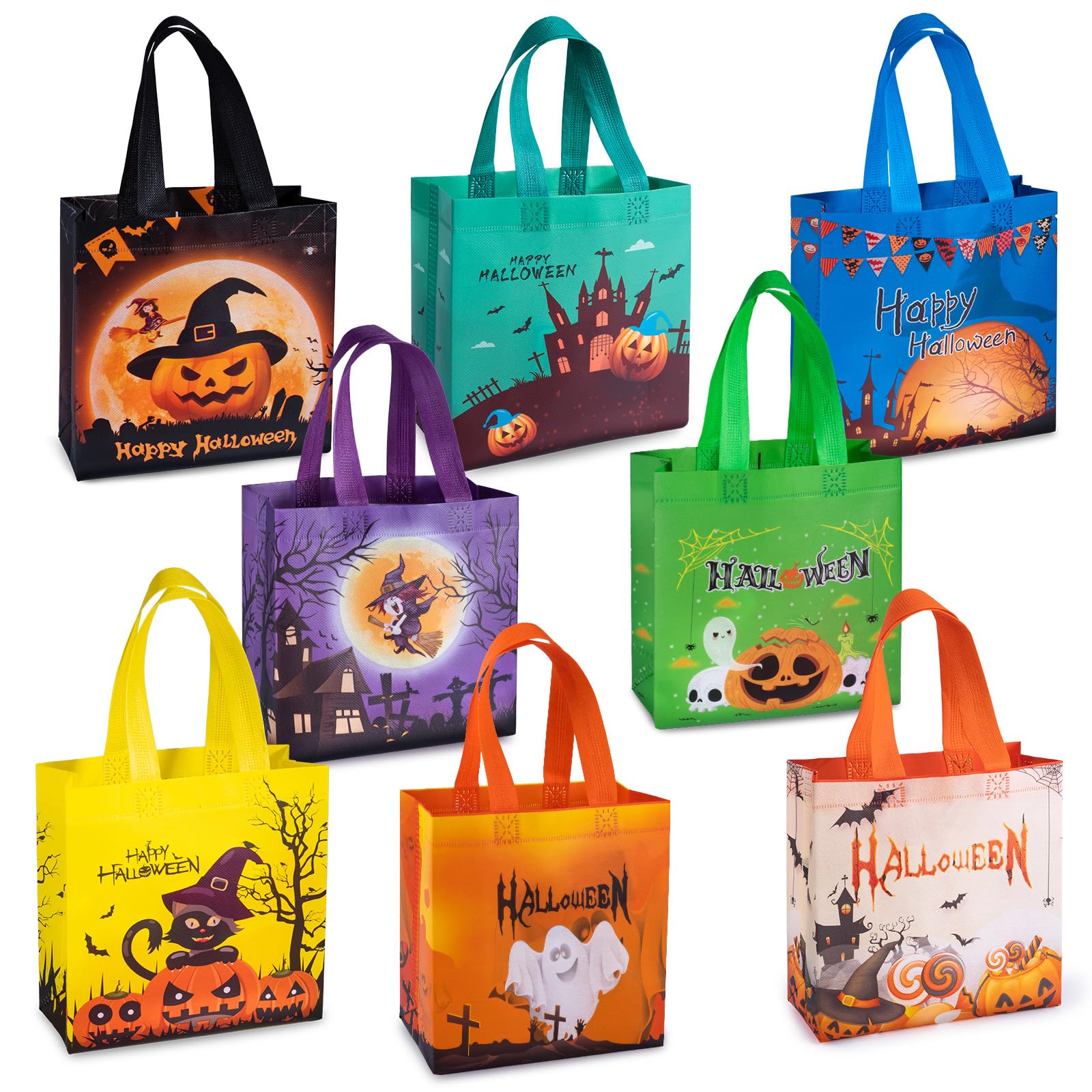 8PCS Halloween Treat Bags Candy Bags, Kids Trick or Treat Bags Goodie Bags, Small Halloween Tote Bags with Handles, Non-Woven Halloween Bags for Halloween Party Decoration Supplies