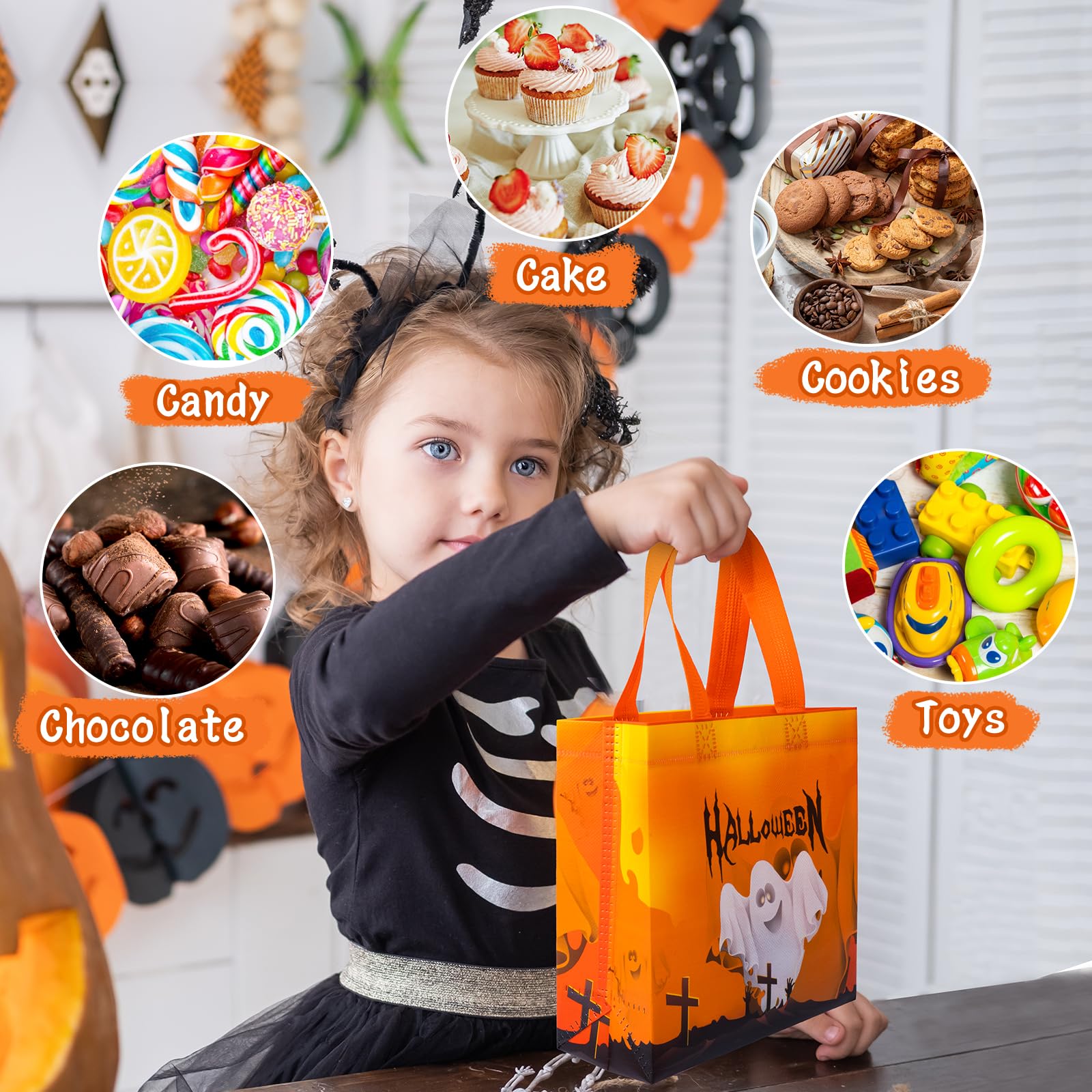 8PCS Halloween Treat Bags Candy Bags, Kids Trick or Treat Bags Goodie Bags, Small Halloween Tote Bags with Handles, Non-Woven Halloween Bags for Halloween Party Decoration Supplies