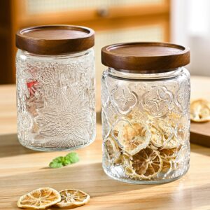 24 OZ/6 PCS Glass Storage Jar with Airtight Bamboo Wooden Lids, Vintage Food Containers Canisters Sets for Kitchen Counter Pantry, Sugar, Flour, Candy, Tea, Coffee Beans, Oats, Grain Bin, Pasta,