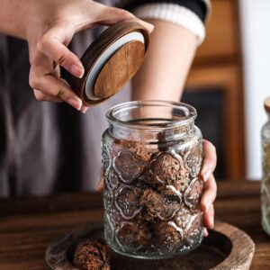 24 OZ/6 PCS Glass Storage Jar with Airtight Bamboo Wooden Lids, Vintage Food Containers Canisters Sets for Kitchen Counter Pantry, Sugar, Flour, Candy, Tea, Coffee Beans, Oats, Grain Bin, Pasta,