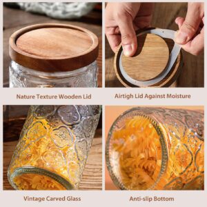 24 OZ/6 PCS Glass Storage Jar with Airtight Bamboo Wooden Lids, Vintage Food Containers Canisters Sets for Kitchen Counter Pantry, Sugar, Flour, Candy, Tea, Coffee Beans, Oats, Grain Bin, Pasta,