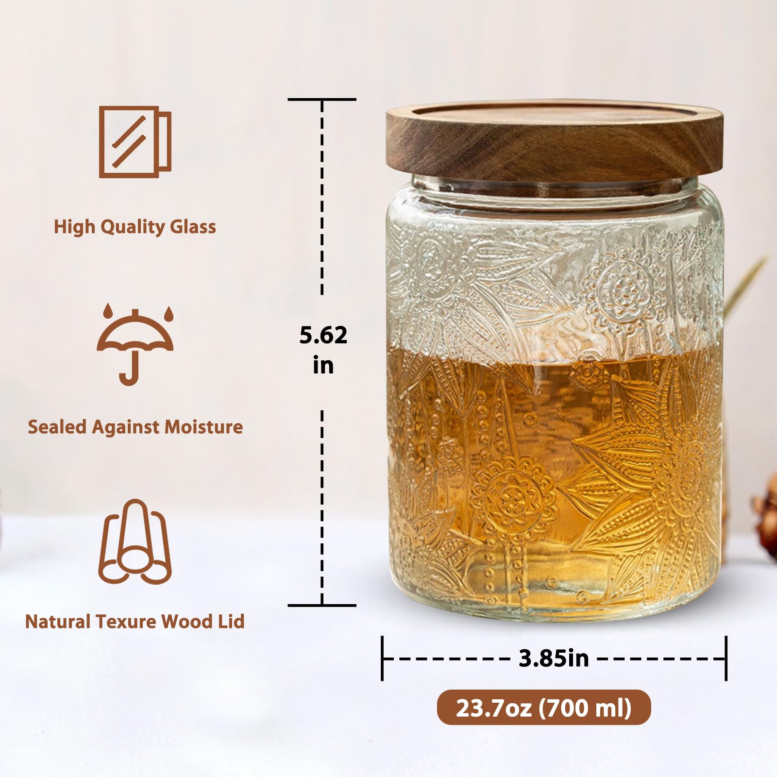 24 OZ/6 PCS Glass Storage Jar with Airtight Bamboo Wooden Lids, Vintage Food Containers Canisters Sets for Kitchen Counter Pantry, Sugar, Flour, Candy, Tea, Coffee Beans, Oats, Grain Bin, Pasta,