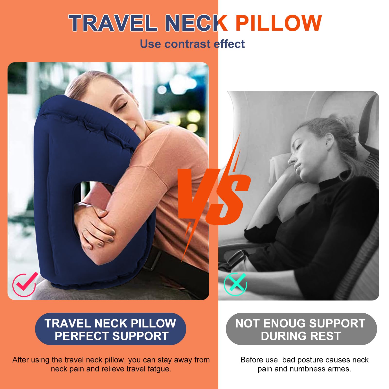 Inflatable Travel Pillow, Airplane Neck Pillow Comfortably Supports Head and Chin, Travel Pillow for Sleeping Airplane - Avoid Neck & Shoulder Pain, Used for Airplanes/Cars/Buses/Trains/Office Napping