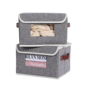 anminy 2 pcs fabric storage bins with lid pu leather handles clear window washable pp plastic board decorative foldable lidded cotton linen storage boxes baskets closet organizer - gray, small size