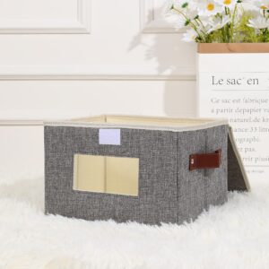 ANMINY 2 PCS Fabric Storage Bins with Lid PU Leather Handles Clear Window Washable PP Plastic Board Decorative Foldable Lidded Cotton Linen Storage Boxes Baskets Closet Organizer - Gray, Small Size