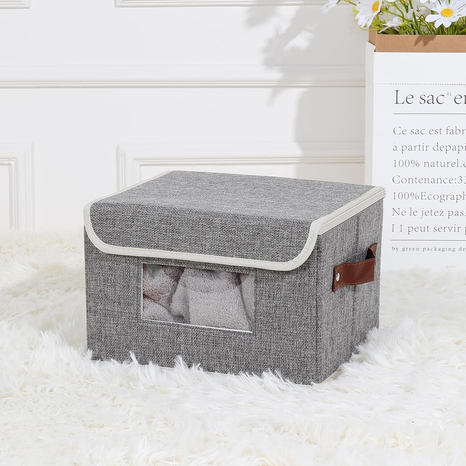 ANMINY 2 PCS Fabric Storage Bins with Lid PU Leather Handles Clear Window Washable PP Plastic Board Decorative Foldable Lidded Cotton Linen Storage Boxes Baskets Closet Organizer - Gray, Small Size