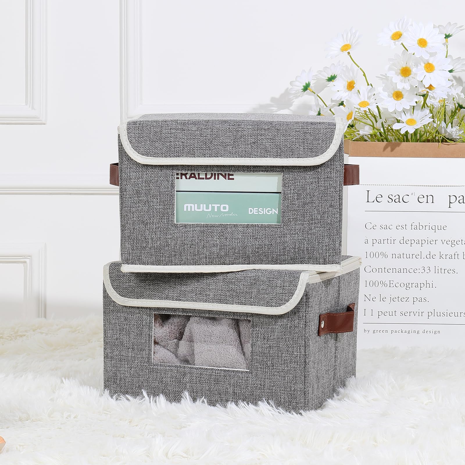 ANMINY 2 PCS Fabric Storage Bins with Lid PU Leather Handles Clear Window Washable PP Plastic Board Decorative Foldable Lidded Cotton Linen Storage Boxes Baskets Closet Organizer - Gray, Small Size