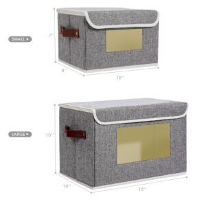 ANMINY 2 PCS Fabric Storage Bins with Lid PU Leather Handles Clear Window Washable PP Plastic Board Decorative Foldable Lidded Cotton Linen Storage Boxes Baskets Closet Organizer - Gray, Small Size