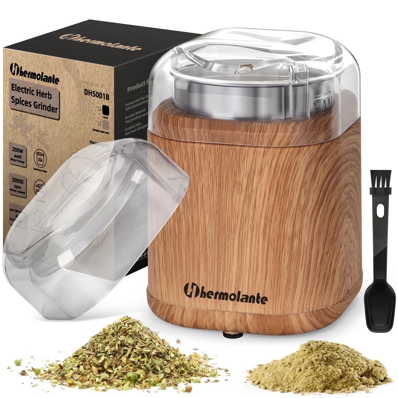 Hermolante Herb Grinder Electric Spice Grinder, 200 w Herb Grinder with Stainless Steel Blade and Cleaning Brush, Compact Size Electric Grinder for Herbs and Spices - 5.11in (Wood Grain)