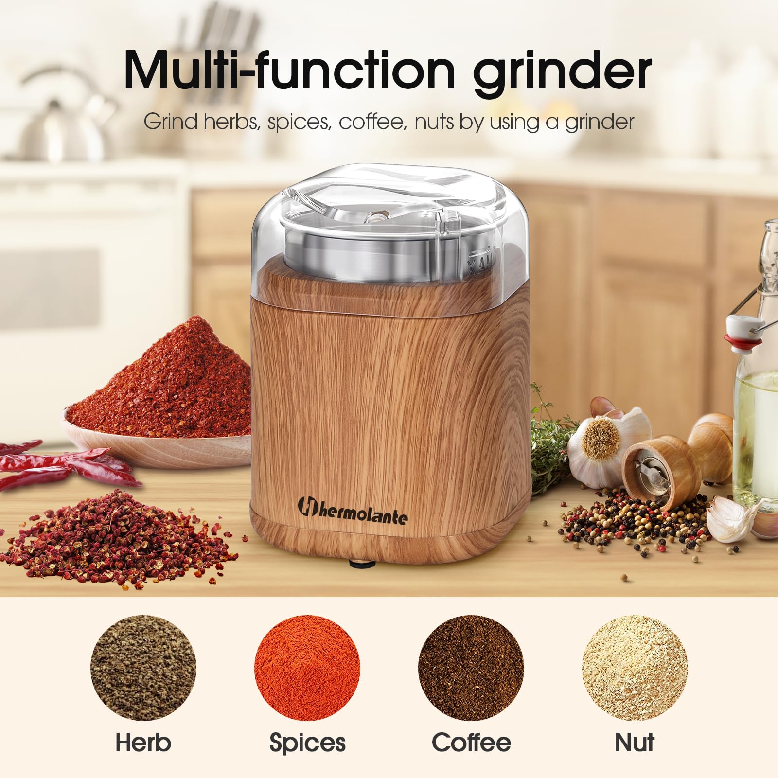 Hermolante Herb Grinder Electric Spice Grinder, 200 w Herb Grinder with Stainless Steel Blade and Cleaning Brush, Compact Size Electric Grinder for Herbs and Spices - 5.11in (Wood Grain)