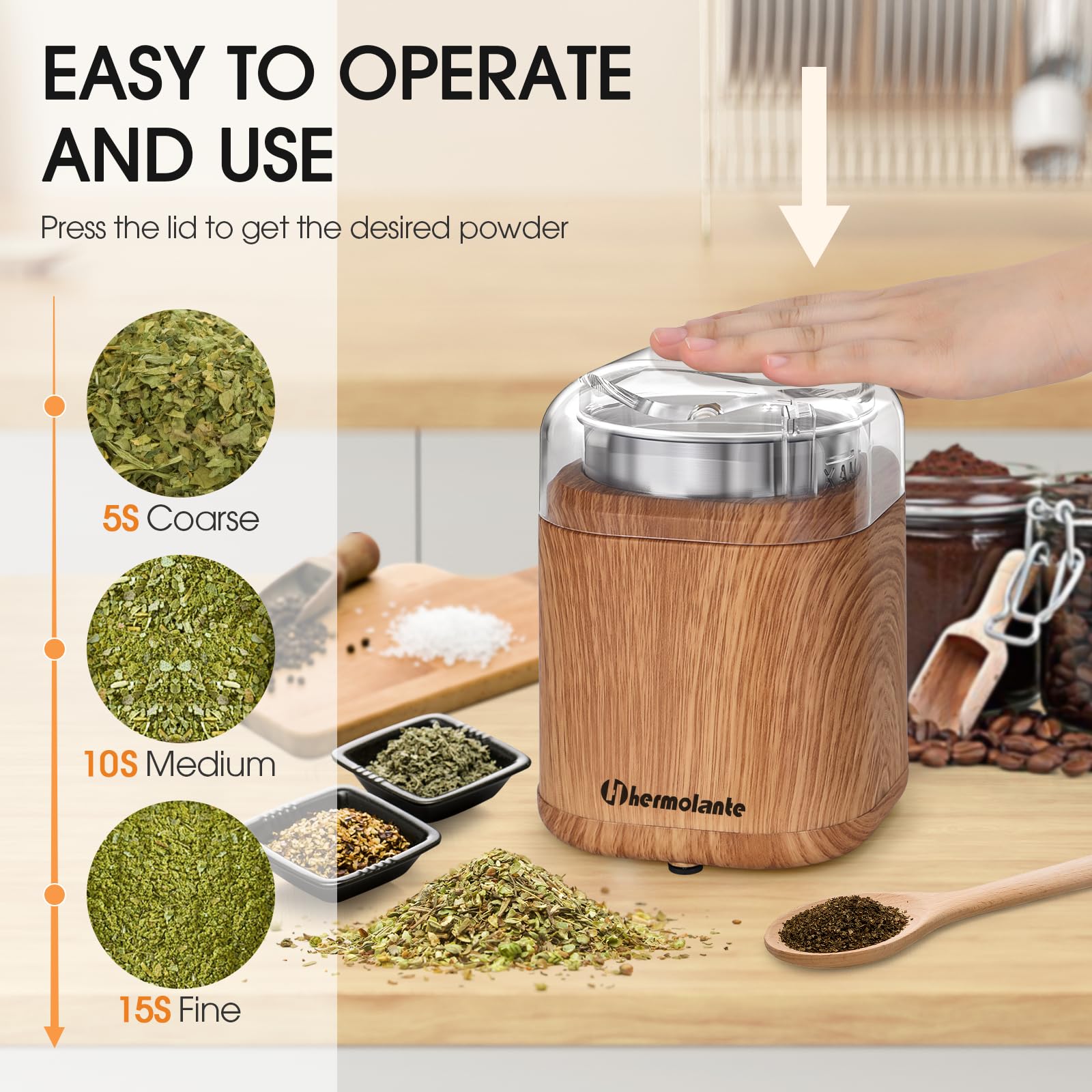 Hermolante Herb Grinder Electric Spice Grinder, 200 w Herb Grinder with Stainless Steel Blade and Cleaning Brush, Compact Size Electric Grinder for Herbs and Spices - 5.11in (Wood Grain)