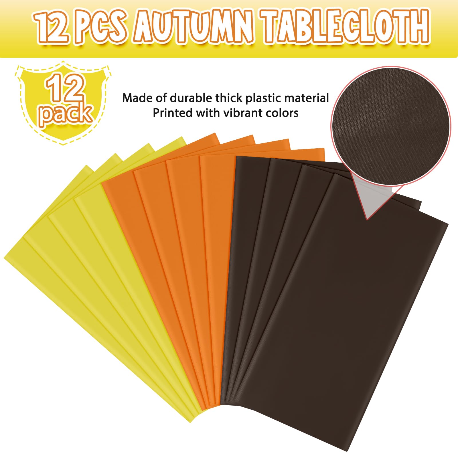 12Pcs Rectangle Plastic Fall Tablecloth Disposable Yellow Brown Orange Tablecloth Rectangle Table Covers for Happy Thanksgiving Day Autumn Harvest Birthday Baby Shower Party Decorations, 54 x 108 Inch