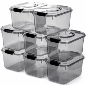 elsjoy set of 8 plastic storage bins with lid & handle, 5.5 quart clear storage container lidded latch box, stackable organizer bins for home, closet, shelf, transparent black