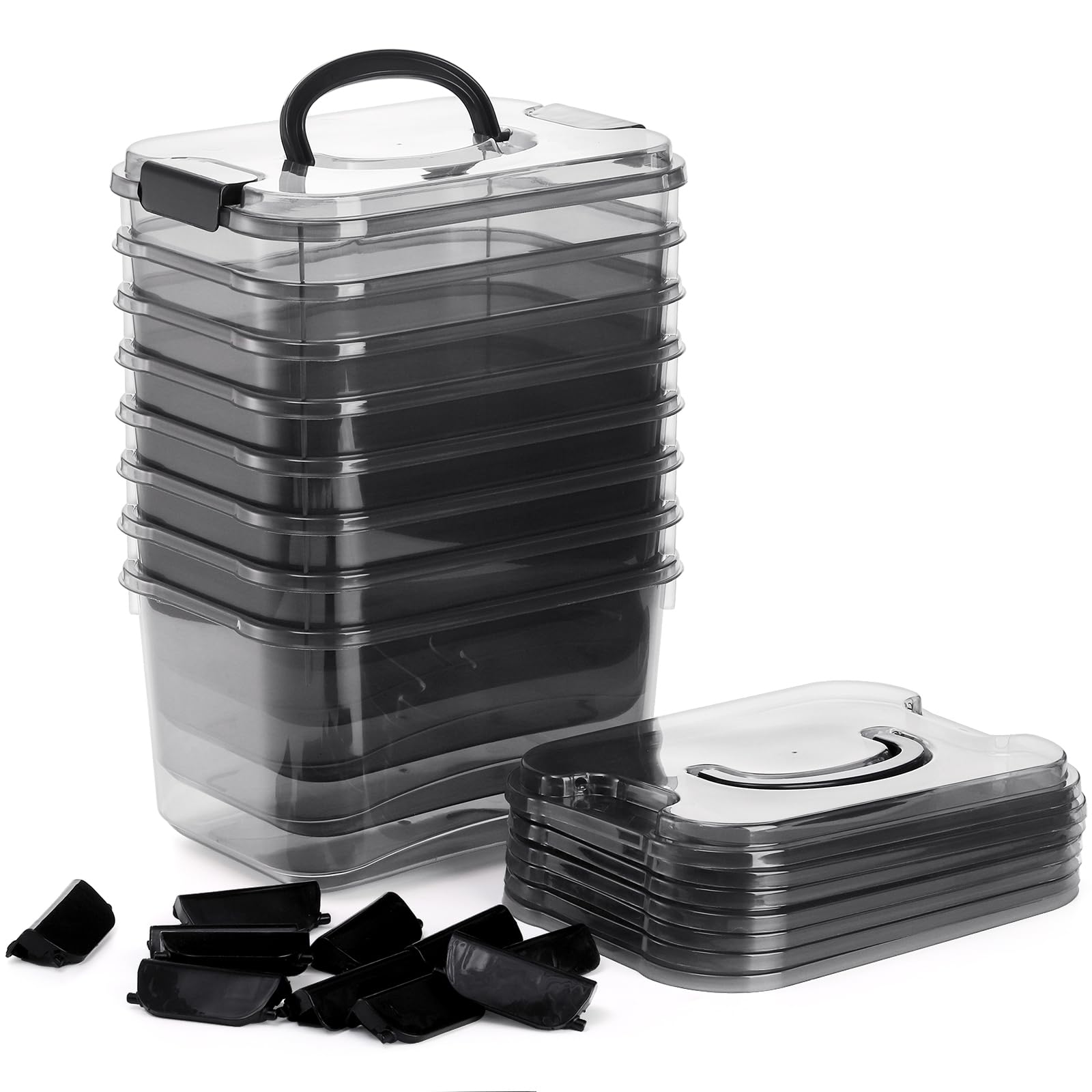 Elsjoy Set of 8 Plastic Storage Bins with Lid & Handle, 5.5 Quart Clear Storage Container Lidded Latch Box, Stackable Organizer Bins for Home, Closet, Shelf, Transparent Black