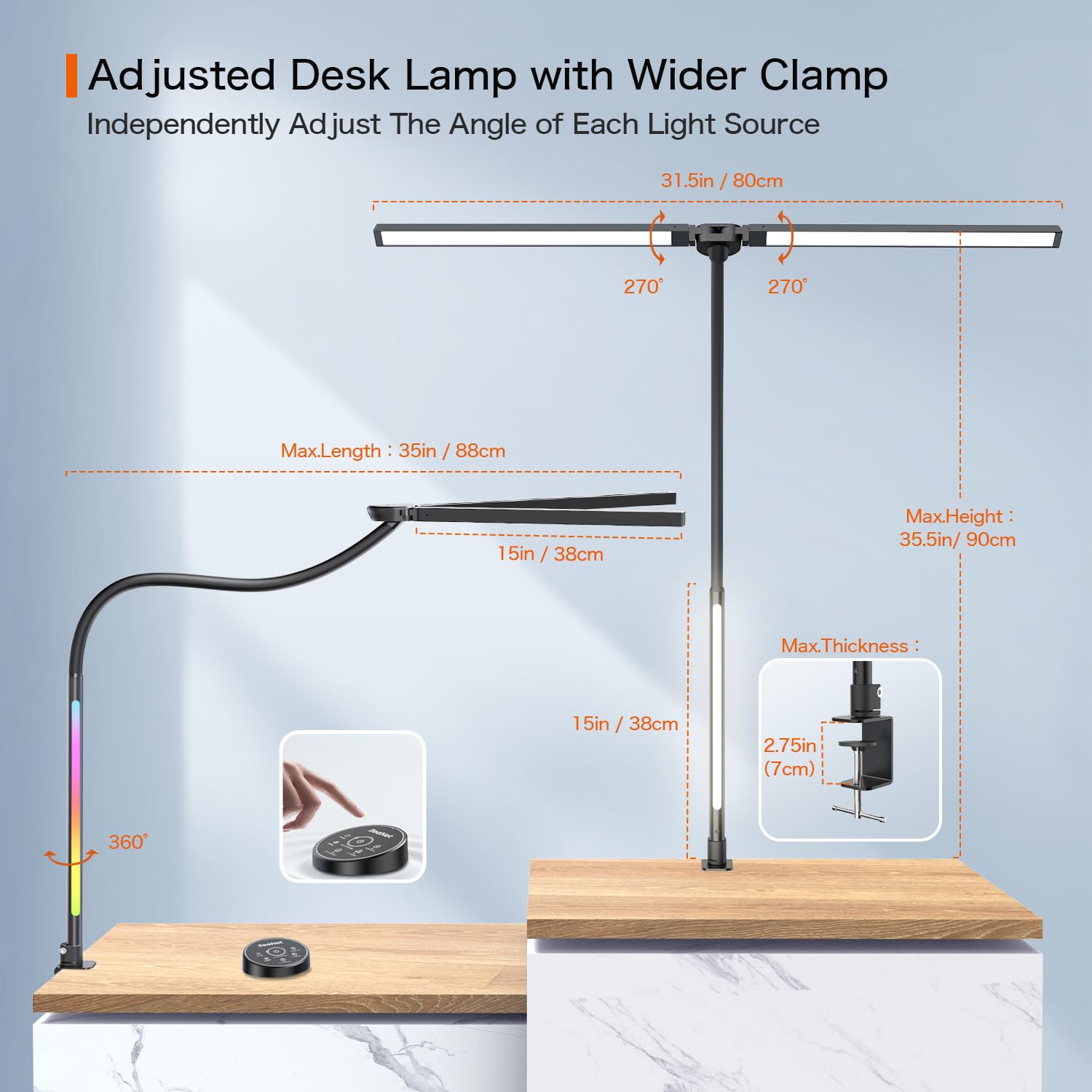 Beanet LED Desk Lamp with Clamp,Architect Desk Lamp for Home Office,24W Ultra Bright with RGB Atmosphere Lighting,Remote Control,5 Color Modes & 5 Dimmable Eye Protection for Monitor Studio Reading