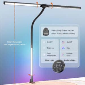 Beanet LED Desk Lamp with Clamp,Architect Desk Lamp for Home Office,24W Ultra Bright with RGB Atmosphere Lighting,Remote Control,5 Color Modes & 5 Dimmable Eye Protection for Monitor Studio Reading