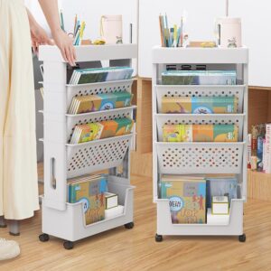 xiyao 5 tier book rack storage bookshelf,plastic removable rolling utility cart multi-functional movable storage book shelves with lockable casters for students study office classroom,white