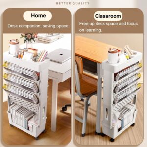 XIYAO 5 Tier Book Rack Storage Bookshelf,Plastic Removable Rolling Utility Cart Multi-Functional Movable Storage Book Shelves with Lockable Casters for Students Study Office Classroom,White