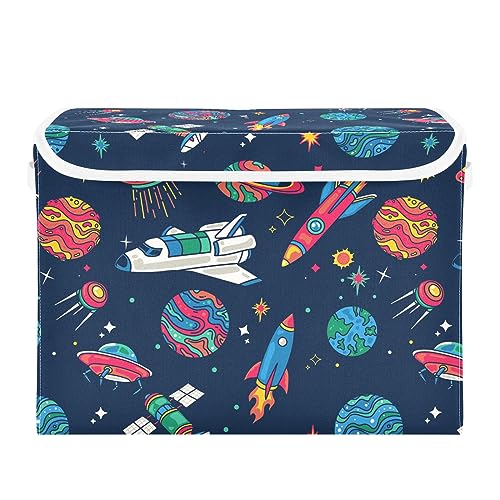 Krafig Spaceship Galaxy Outer Space Decorative Storage Box with Lid Large Bins Baskets Foldable Cube Organizer Collapsible Containers for Organizing, Toy, Home, Shelf, Closet