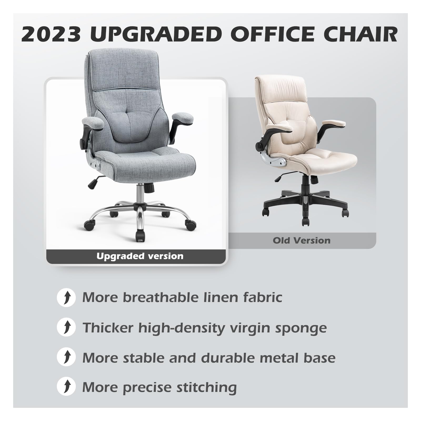 YAMASORO Ergonomic Executive Office Chair with Wheels,Linen Fabric Home Office Desk Chairs, High Back Computer Chairs with Lumbar Support,Grey