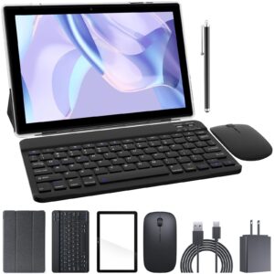 10 inch android 12 tablet with keyboard, 2 in 1 tablets set include case mouse stylus film, 4gb ram+64gb rom, quad core 10.1'' tab, 6000mah battery, 8mp dual camera, google gms certification tableta